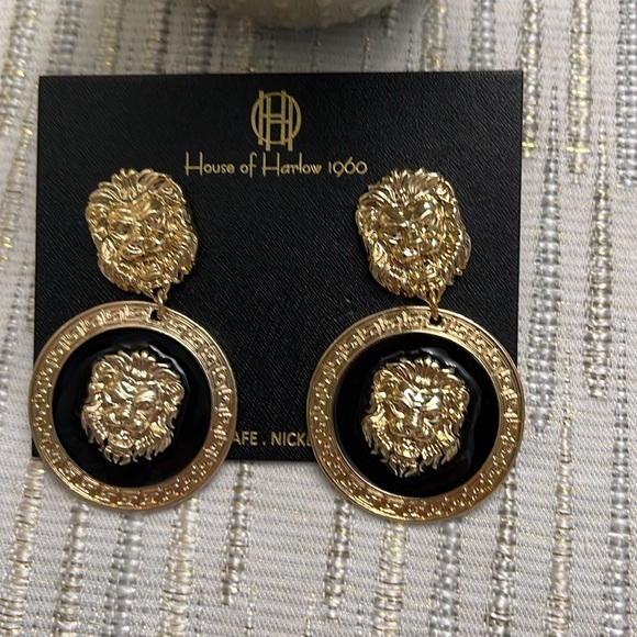 House of Harlow 1960 🔥Lion Head Black Gold Dangle Earring - Picture 1 of 6